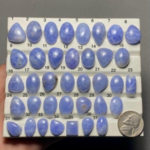 Puede incluir: Una colección de 37 gemas azules de diversas formas, incluyendo óvalos, gotas y triángulos, dispuestas en una bandeja blanca. Se incluye una moneda de níquel estadounidense para la comparación de tamaños. Las gemas tienen una apariencia translúcida.