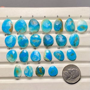 Op de afbeelding: Een verzameling van drieëntwintig gepolijste, gefacetteerde edelstenen in tinten turquoise en blauw, genummerd van 1 tot 23. Een munt is inbegrepen ter vergelijking van de grootte. De edelstenen variëren in vorm en hebben een glanzende afwerking.