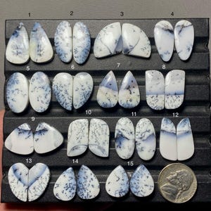 May include: A collection of fifteen pairs of polished dendritic opal cabochons arranged on a black display tray. Each stone features a white base with dark, fern-like inclusions. A US nickel coin is included for scale next to the final pair.