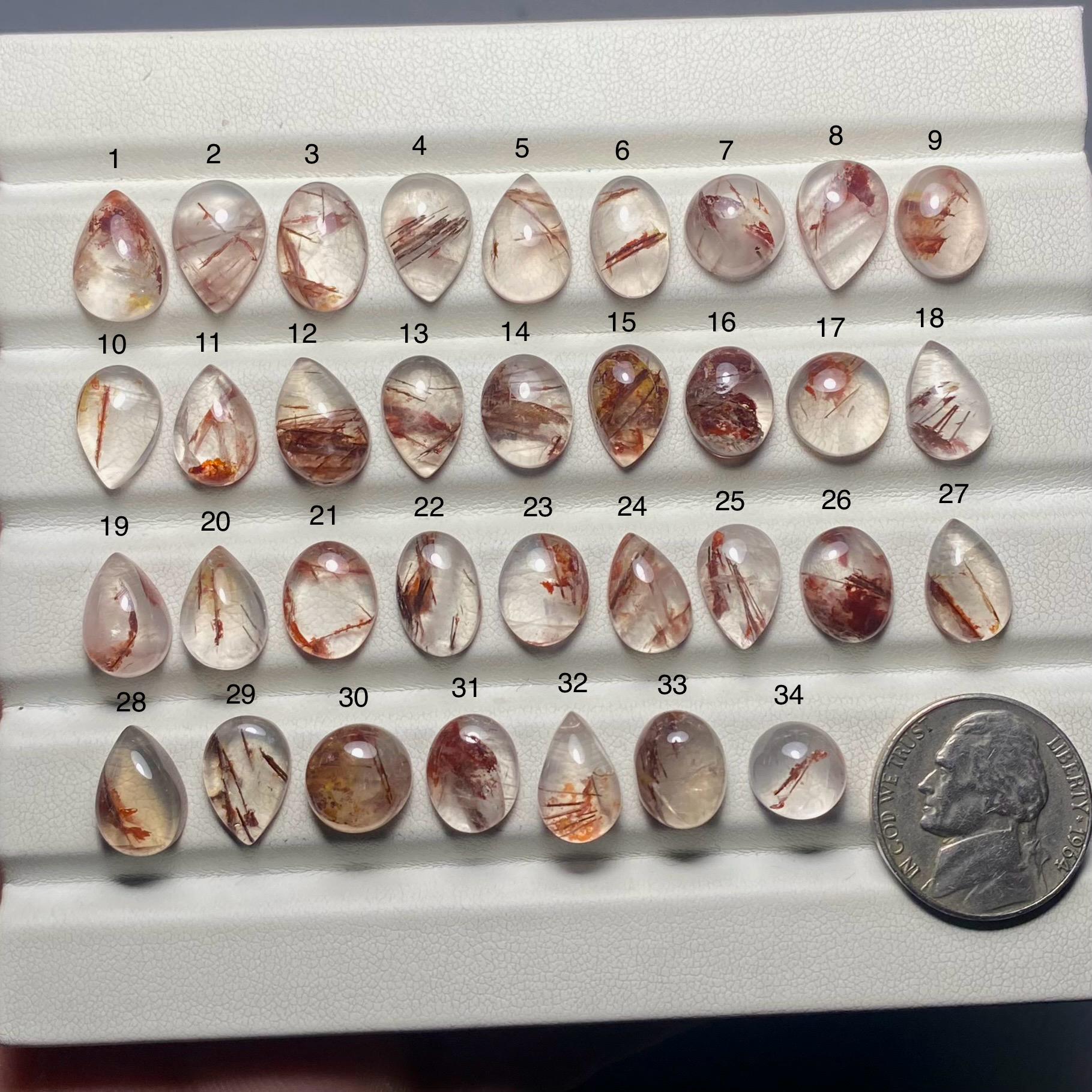 Lot De 4 Pierres Précieuses Quartz Rutile Rouge Naturel - 50 Carats, Cabochon Poli, Certifié IGL