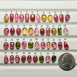 Op de afbeelding: Een verzameling van 43 edelstenen in verschillende vormen en kleuren, waaronder roze, rood, geel en groen. De edelstenen zijn gerangschikt in rijen en kolommen, met een munt voor een maatvergelijking. De edelstenen zijn genummerd van 1 tot 43.