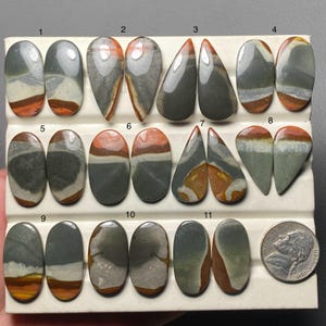 May include: Eleven polished gemstone cabochons in assorted shapes, including oval, teardrop, and triangular. The stones display a mix of grey, brown, orange, and white hues. A UK coin is included for size reference.