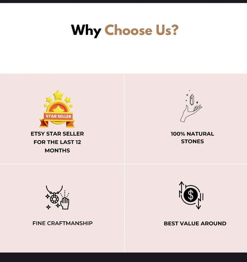 May include: A graphic with the text "Why Choose Us?" and four icons. The icons represent "Etsy Star Seller for the last 12 months", "100% Natural Stones", "Fine Craftsmanship", and "Best Value Around".