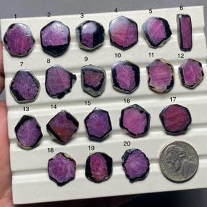 Puede incluir: Veinte piedras preciosas de rubí rosa y negro dispuestas en filas en una placa de exhibición blanca. Las piedras preciosas son de varias formas y tamaños. Se incluye una moneda de veinticinco centavos de dólar estadounidense para la escala.