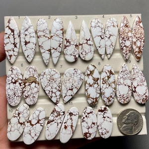 May include: Twelve pairs of white and brown, natural, polished, cabochon, gemstone,  jewelry making supplies. The stones are in various shapes and sizes.  The stones are arranged in rows on a white background.  A US quarter is included for scale.