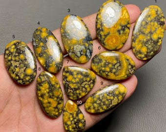 Puede incluir: Una colección de diez piedras preciosas de jaspe abeja pulidas en varias formas, incluyendo ovaladas y en forma de lágrima. Las piedras presentan un llamativo patrón de amarillo, negro y gris, con un acabado brillante. Las piedras preciosas se sostienen en una mano.