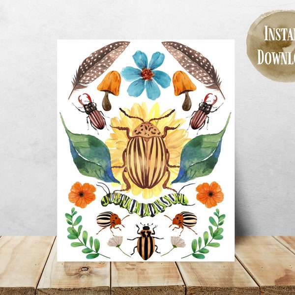 Whimsical Beetles Printable Art | Print at Home | Vintage Drawing Illustration | Wall Art | Greeting Card | Natural History Art