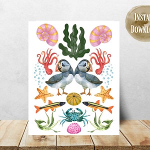 Art imprimable animaux marins | Imprimer à la maison | illustration de dessin vintage | Art mural | Carte de voeux | Impression d'histoire naturelle