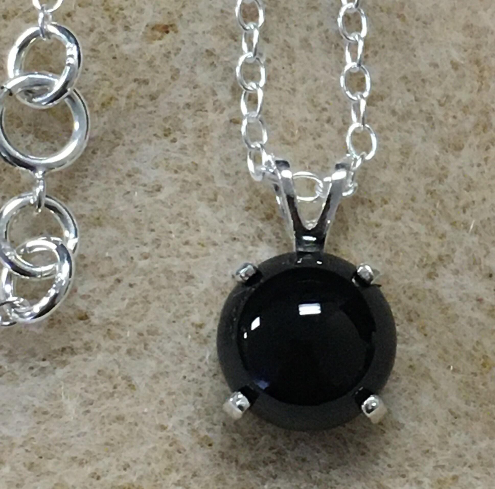 Black Onyx Necklace. 10 Millimeter Cabochon. Sterling Silver