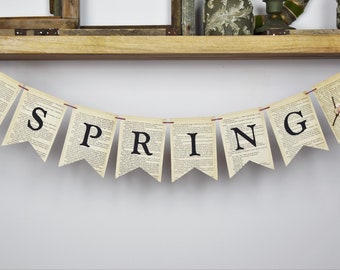 SPRING banner, Spring 3D decoration,Spring bunting, sign, garland, old bookpage pennants