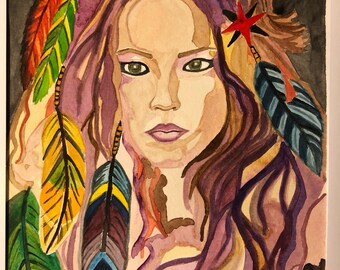 Original watercolor Native American woman