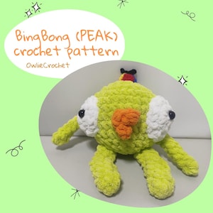 May include: A handmade, lime green crochet creature with white eyes, an orange beak, and long limbs. The text "BingBong (PEAK) crochet pattern" and "OwlieCrochet" are displayed on a green background.
