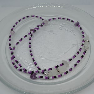 Purple Black and White Beaded Eyeglass String, Chain, Cord with Amethyst Accents