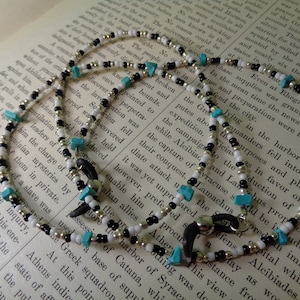 Black, White & Silver Beaded Eyeglass String, Cord, Chain with Turquoise Chip Accents