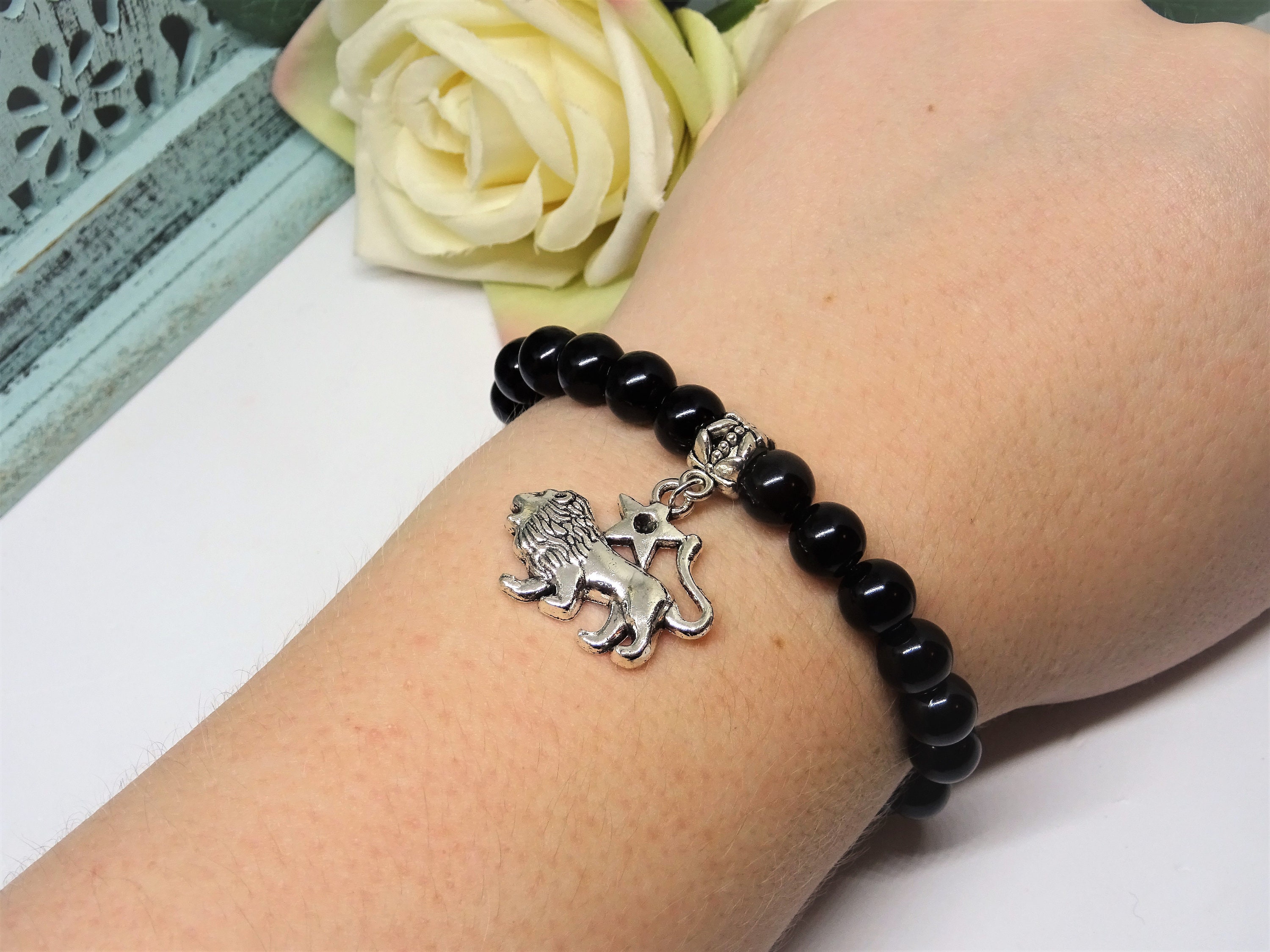 Leo Bracelet Black Bead Leo Bracelet Silver Leo Charm Etsy
