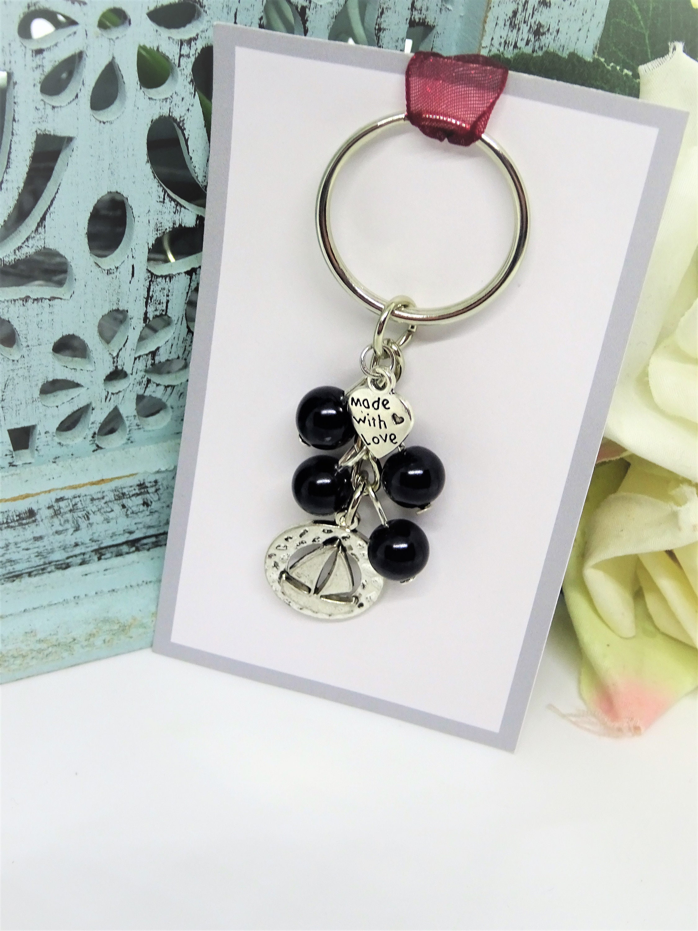 Boat Keyring Black Bead Boat Keyring Silver Boat Metal Etsy