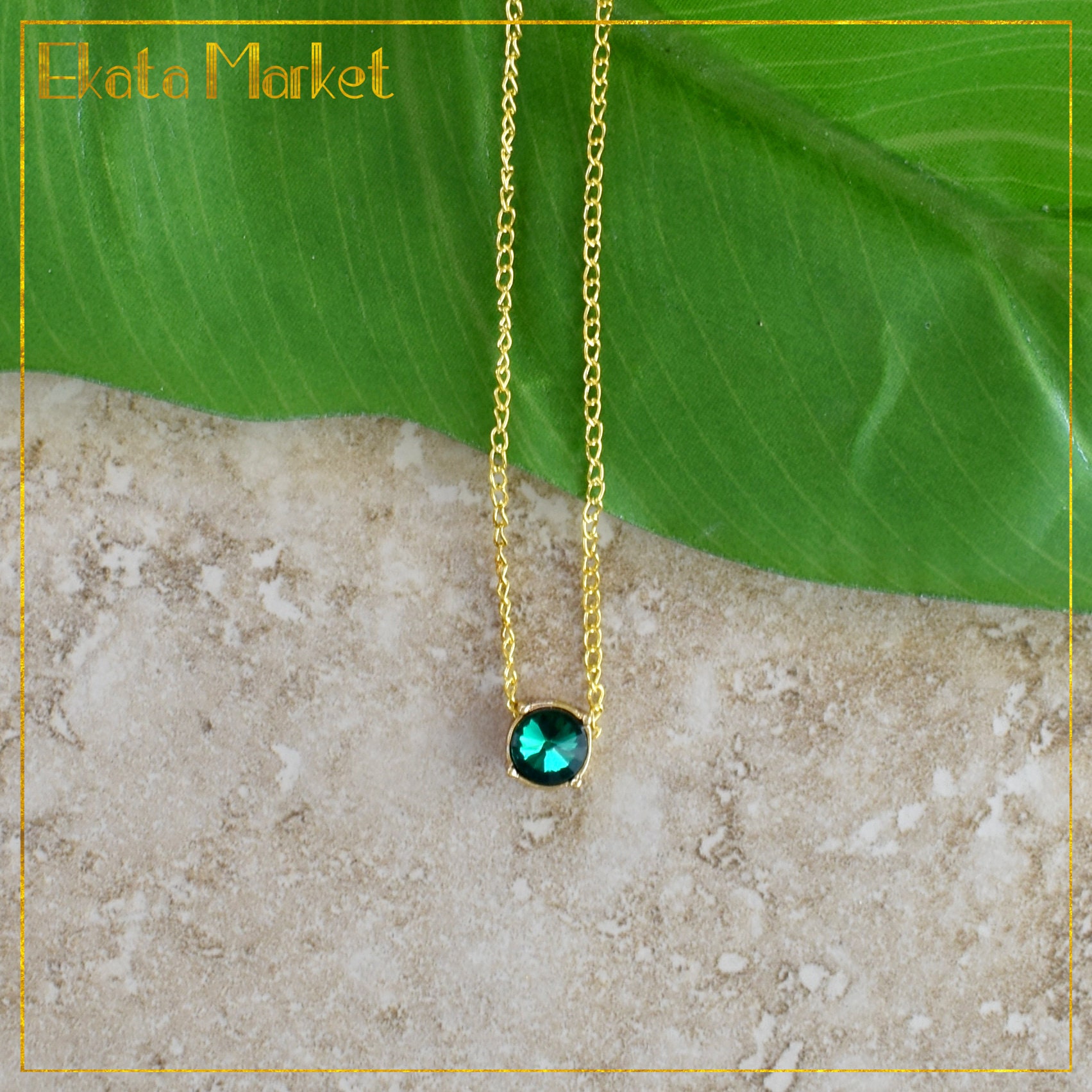 Gold Chain Necklace With Green Jewel Etsy