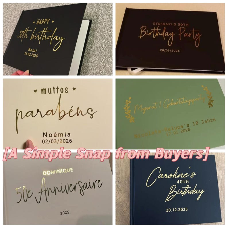 May include: A collection of six rectangular guest books in various colors including black, cream, green, grey, and navy blue. Each book features gold foil lettering with personalized names, dates, and celebratory text such as Happy Birthday.