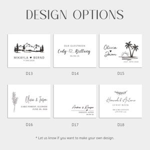 Puede incluir: Una selecci&oacute;n de opciones de dise&ntilde;o de libro de visitas con varios dise&ntilde;os y fuentes. Los dise&ntilde;os incluyen ilustraciones de monta&ntilde;as y &aacute;rboles, palmeras y elementos florales. Nombres y fechas se muestran en tipograf&iacute;a elegante. El texto "DESIGN OPTIONS" est&aacute; en la parte superior.