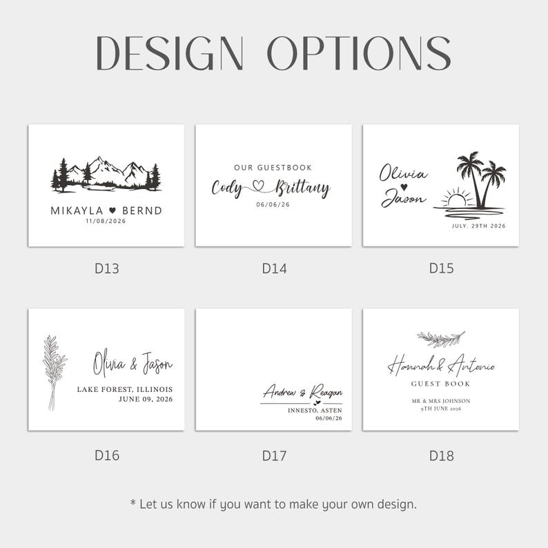 Puede incluir: Una selecci&oacute;n de opciones de dise&ntilde;o de libro de visitas con varios dise&ntilde;os y fuentes. Los dise&ntilde;os incluyen ilustraciones de monta&ntilde;as y &aacute;rboles, palmeras y elementos florales. Nombres y fechas se muestran en tipograf&iacute;a elegante. El texto "DESIGN OPTIONS" est&aacute; en la parte superior.