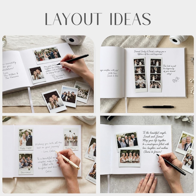 Puede incluir: Un &aacute;lbum de fotos blanco abierto con fotos estilo polaroid y notas manuscritas. El texto "LAYOUT IDEAS" est&aacute; en la parte superior. El &aacute;lbum est&aacute; abierto en varias p&aacute;ginas con fotos y mensajes manuscritos. Las fotos son de bodas y parejas.