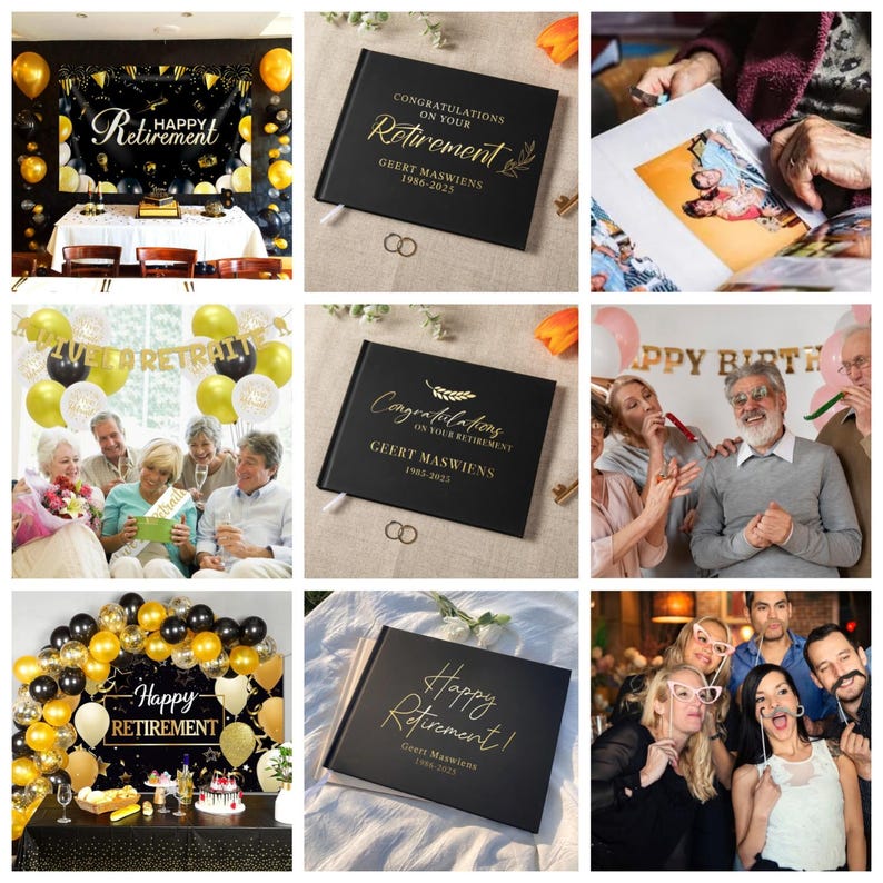 May include: A black hardcover guest book with gold foil text that reads Congratulations on your Retirement, Geert Maswiens, 1986-2025. The book is displayed on a neutral surface alongside two small silver rings and a small floral accent.