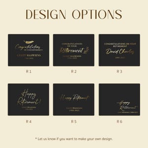 May include: Six black rectangular book covers labeled R1 through R6, each featuring gold text and graphics for retirement. Designs include phrases like Congratulations on your retirement, Happy Retirement, names, and dates 1985-2025.