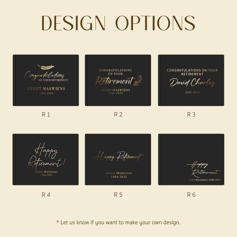 May include: Six black rectangular book covers labeled R1 through R6, each featuring gold text and graphics for retirement. Designs include phrases like Congratulations on your retirement, Happy Retirement, names, and dates 1985-2025.