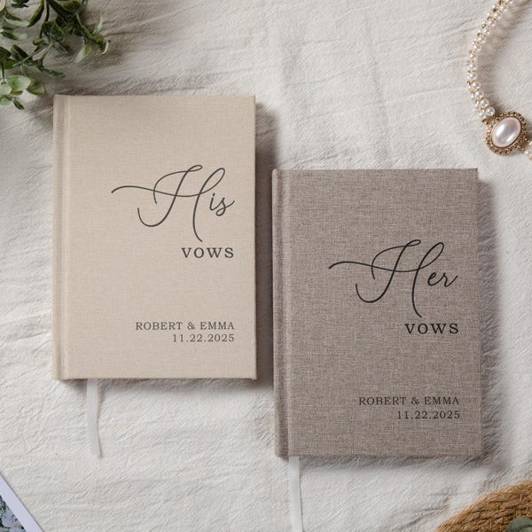 Personalized Linen Vow books Set of 2 - Custom Wedding Ceremony Vow Booklets, Luxury Speech Notebook, Gifts for Bride and Groom -12 Designs