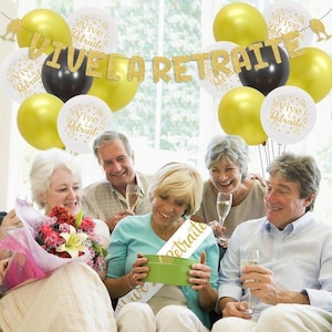 May include: A retirement party decoration set featuring a gold glitter banner that reads Vive La Retraite, accompanied by white, gold, and black balloons printed with the same text, and a matching sash for a retirement celebration.