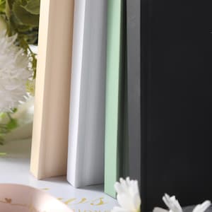 May include: A set of four rectangular frames standing upright in a row, featuring a smooth matte finish in shades of cream, white, light green, and black. Each frame has a clean, flat edge profile and a solid, uniform color throughout the surface.