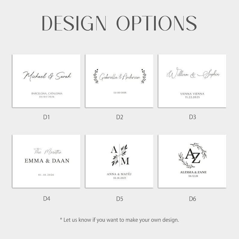 Puede incluir: Una selecci&oacute;n de opciones de dise&ntilde;o para invitaciones de boda. Cada dise&ntilde;o presenta nombres y fechas en fuentes elegantes. Los dise&ntilde;os incluyen acentos florales e iniciales, con el texto "DESIGN OPTIONS" en la parte superior.