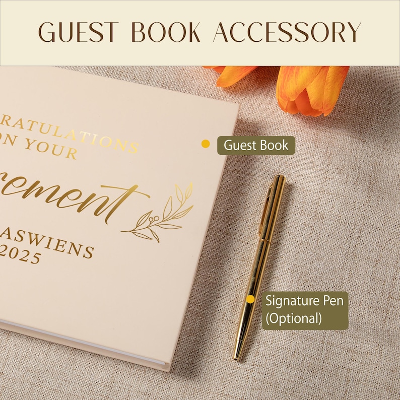 May include: A cream-colored guest book with gold foil text that reads Congratulations on your retirement, followed by the name Jaswiens and the year 2025. A gold-toned signature pen is placed next to the book, which features a leaf illustration.