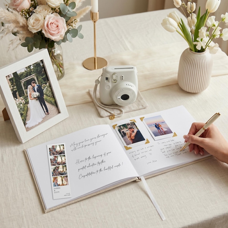 Puede incluir: Un libro de visitas de boda, una c&aacute;mara instant&aacute;nea blanca y una foto enmarcada est&aacute;n dispuestas sobre una mesa. El libro est&aacute; abierto, con fotos y mensajes manuscritos. Un bol&iacute;grafo est&aacute; sobre la p&aacute;gina. Flores y una vela completan la escena.