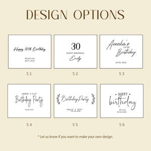 May include: A grid of six rectangular design options for birthday labels, labeled S1 through S6. Each option features black text on a white background, including phrases like Happy Birthday, names, dates, and decorative elements like floral vines.
