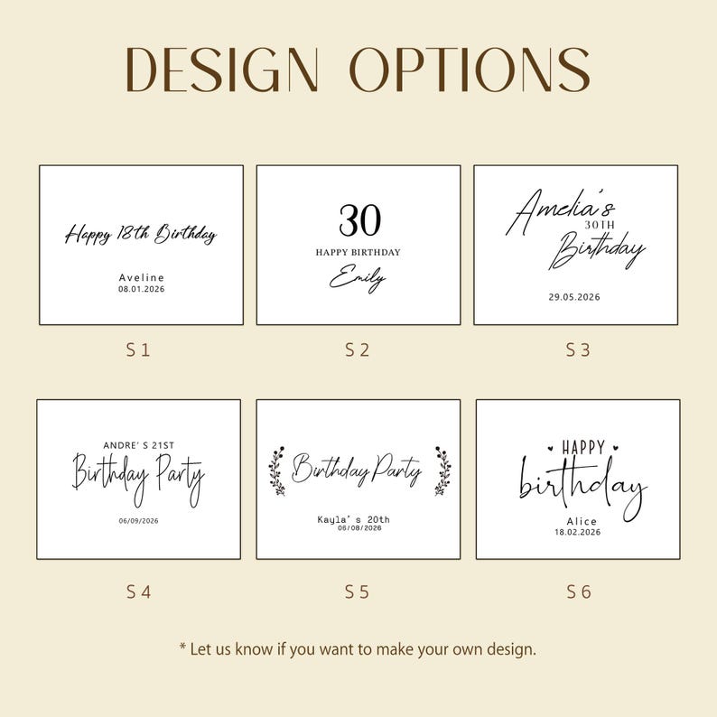 May include: A grid of six rectangular design options for birthday labels, labeled S1 through S6. Each option features black text on a white background, including phrases like Happy Birthday, names, dates, and decorative elements like floral vines.