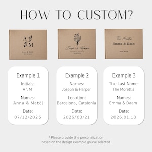 Puede incluir: Imagen que muestra ejemplos de portadas de libros personalizadas. Las portadas son marrones con texto negro y dise&ntilde;os florales o iniciales. El texto incluye nombres, fechas y ubicaciones. La frase "HOW TO CUSTOM?" est&aacute; en la parte superior.