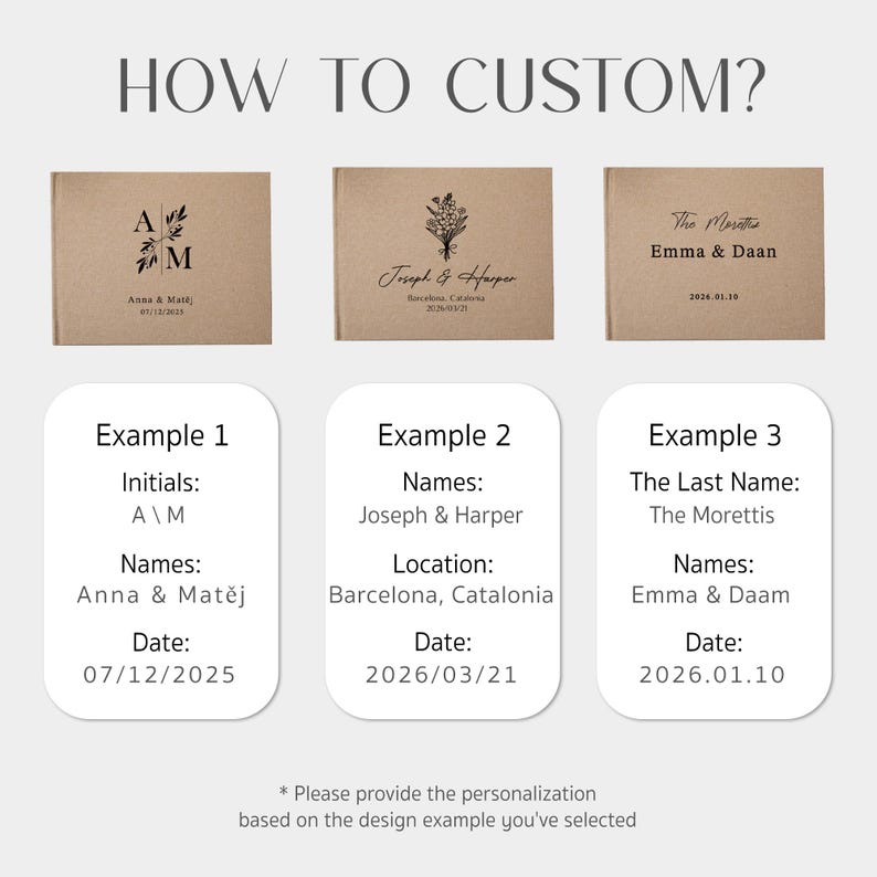 Puede incluir: Imagen que muestra ejemplos de portadas de libros personalizadas. Las portadas son marrones con texto negro y dise&ntilde;os florales o iniciales. El texto incluye nombres, fechas y ubicaciones. La frase "HOW TO CUSTOM?" est&aacute; en la parte superior.