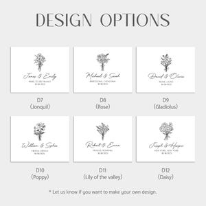 Puede incluir: Seis tarjetas blancas con ilustraciones florales, nombres, fechas y lugares. Las tarjetas est&aacute;n etiquetadas con opciones de dise&ntilde;o y nombres de flores: Jonquil, Rosa, Gladiolo, Amapola, Lirio de los valles y Margarita. El texto dice 'Opciones de dise&ntilde;o'.