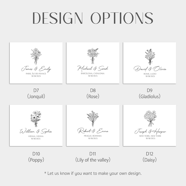 Puede incluir: Seis tarjetas blancas con ilustraciones florales, nombres, fechas y lugares. Las tarjetas est&aacute;n etiquetadas con opciones de dise&ntilde;o y nombres de flores: Jonquil, Rosa, Gladiolo, Amapola, Lirio de los valles y Margarita. El texto dice 'Opciones de dise&ntilde;o'.
