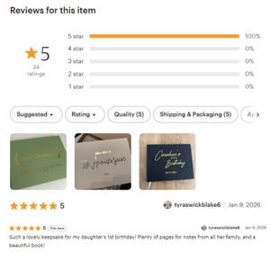May include: A digital review interface displaying a five-star rating summary with 24 ratings at 100 percent. Below, three rectangular photo albums are shown with gold foil lettering on green, white, and black covers, alongside a customer review.