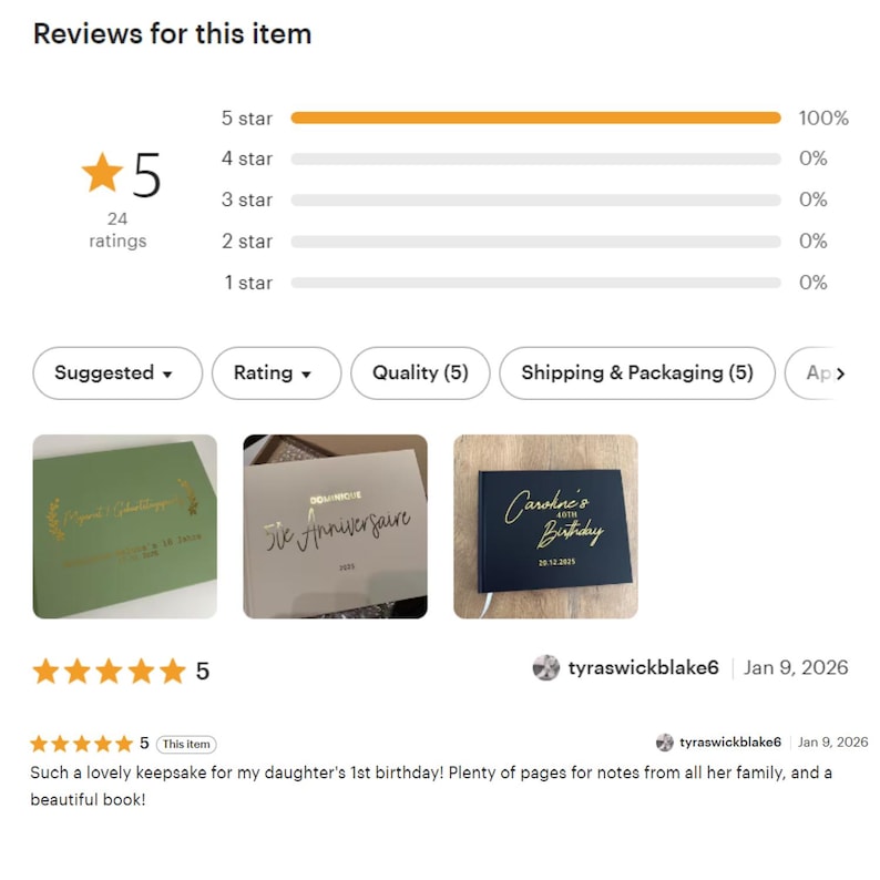 May include: A digital review interface displaying a five-star rating summary with 24 ratings at 100 percent. Below, three rectangular photo albums are shown with gold foil lettering on green, white, and black covers, alongside a customer review.