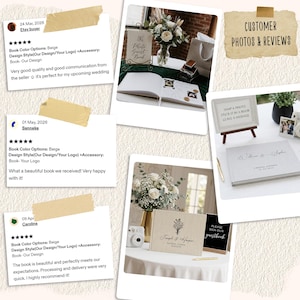 Puede incluir: Una colecci&oacute;n de libros de visitas de boda y elementos decorativos relacionados, que incluyen un libro de visitas con fotos, un letrero que dice "Snap a photo, stick it in a book, leave a message" y rese&ntilde;as de clientes. Los libros son de color beige y personalizados.