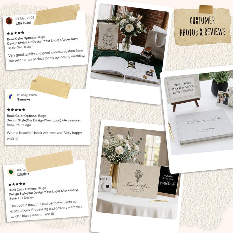 Puede incluir: Una colecci&oacute;n de libros de visitas de boda y elementos decorativos relacionados, que incluyen un libro de visitas con fotos, un letrero que dice "Snap a photo, stick it in a book, leave a message" y rese&ntilde;as de clientes. Los libros son de color beige y personalizados.