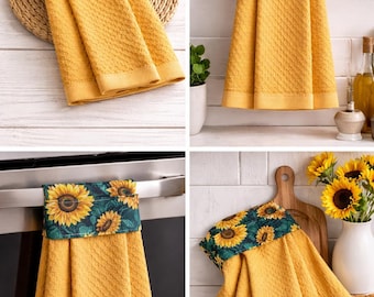 2 Hanging sunflowes towels Handmade Sunflower Hanging Dish Towels – Kitchen Decor, Cute Farmhouse Gift, Absorbent Cotton Towls