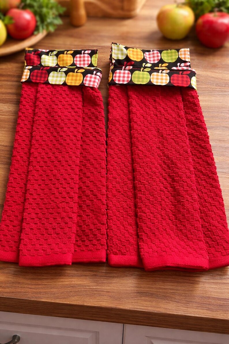 2 set Hanging dish towel, Cabinet Towel Hanging, Terry towel, Hanging oven towel, Hanging hand towel Apples with Gingham