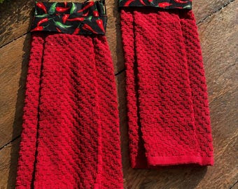 Hanging Kitchen Towel Set of 2,Cotton Dish Towels w/ Topper, Oven & Cabinet Towel, Farmhouse Style, Housewarming Gift