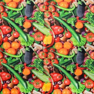 May include: A colorful pattern of vegetables and herbs, including tomatoes, peppers, cucumbers, eggplant, and mushrooms.
