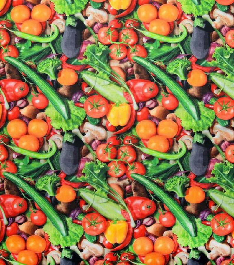 May include: A colorful pattern of vegetables and herbs, including tomatoes, peppers, cucumbers, eggplant, and mushrooms.