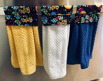 Happy birthday Handmade  Hanging dish towel,  Hanging customs  towel, Hanging oven towel, set of 2